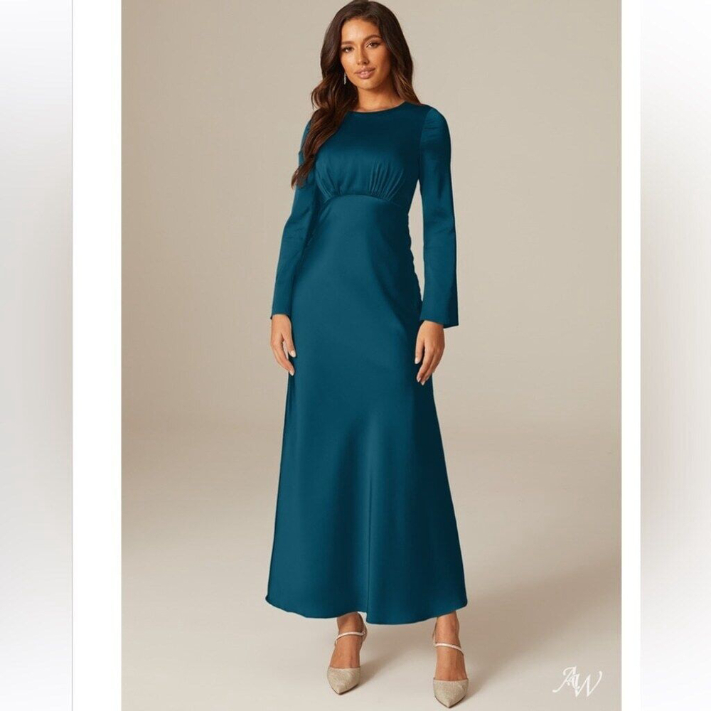 Satin Charmeuse A-Line Maxi Dress Jewel Bateau Neckline Built in Bra! Size 4 - Picture 2 of 13